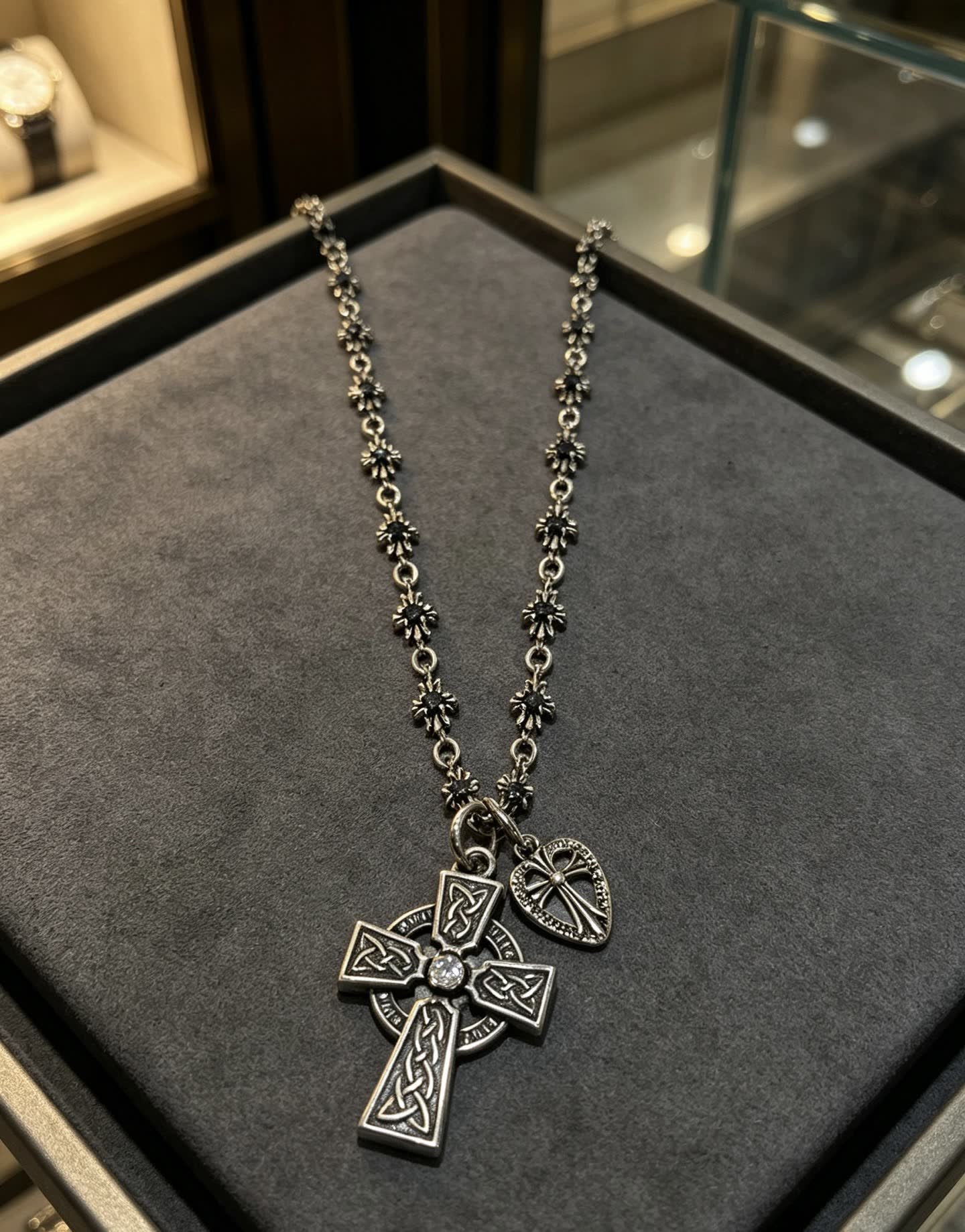Chrome Hearts Silver Celtic Cross Necklace with Heart Charm